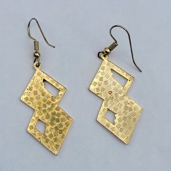 Vintage 80s Dangle Cloisonne Floral Geometric Asian Motif Earrings - Picture 4 of 5